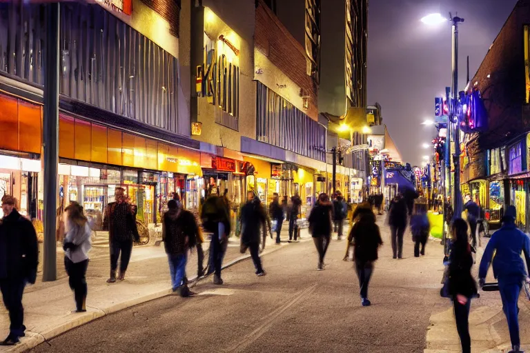 Prompt: photo of busy city street of Edmonton Alberta, young adults on sidewalks that are lined with stores and nightclubs, late evening time, high dynamic range color, medium contrast, 1/24 shutterspeed, sigma 24mm f8