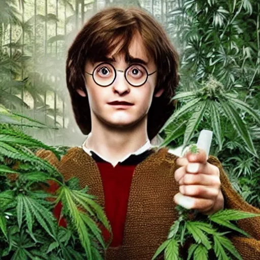 Prompt: harry potter holding a long joint, surrounded by weed plants, jungle of weed plants, red fire eyes, realistic