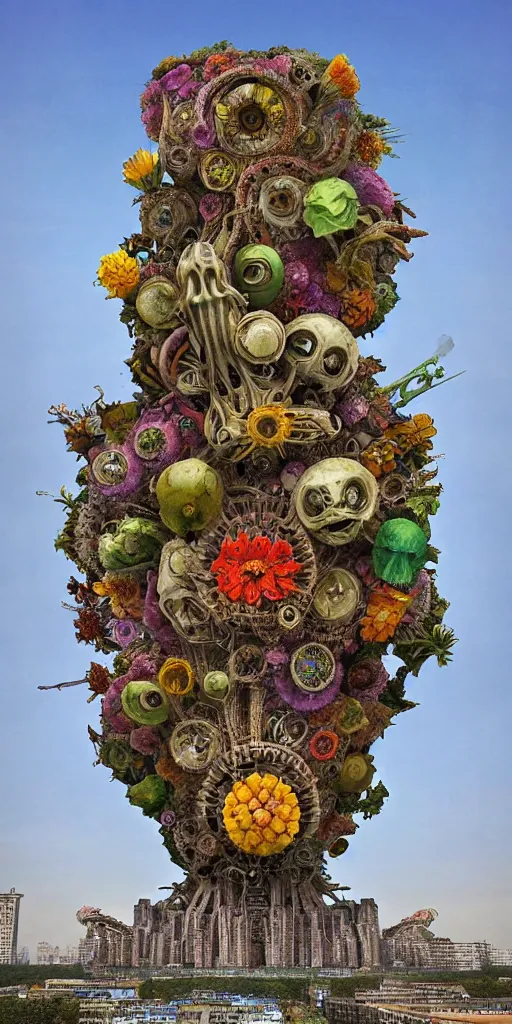 Image similar to colossal psyhedelic alien flower made from worst mankind ideas in the middle of abandoned post soviet constructivist cityscape, Stalinist architecture, ultradetailed, Intricate by Hayao Miyazaki and Josan Gonzalez and Giuseppe Arcimboldo and Wes Anderson and H.R. Giger