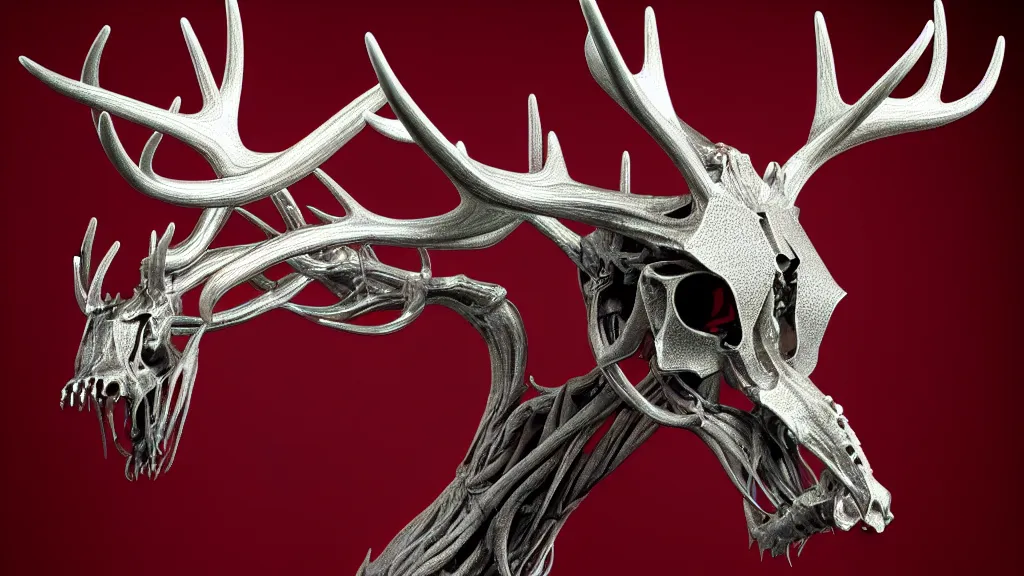 Prompt: stylized shiny polished silver statue full body bizarre extra limbs cosmic horror quadruped animal moose deer skull four legs made of creature tendrils perfect symmetrical body perfect symmetrical face hyper realistic hyper detailed by johannen voss by michelangelo octane render blender 8 k displayed in pure white studio room anatomical deep red arteries veins flesh animatronic