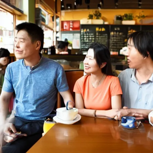 Image similar to taiwan brother, sister and her foreign husband sit down waiting for coffee in cafe