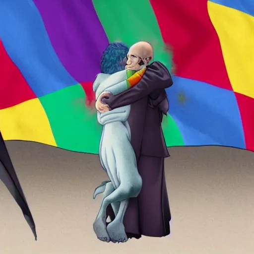 Image similar to harry potter hugs voldemort pride flag in background