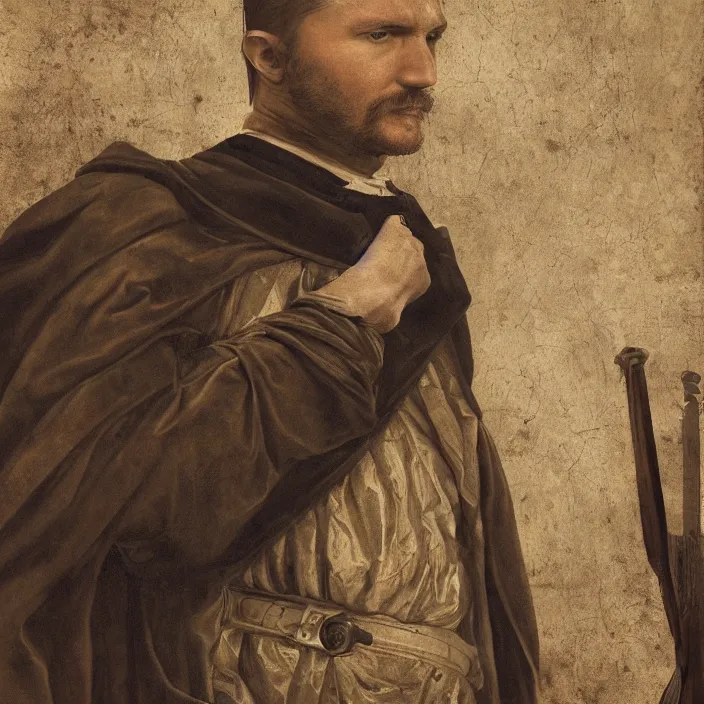 Prompt: professional photographic portrait of tom hardy as machiavelli in a library vanquished enemies strewn over the ground, renaissance style, fine art piece, incredible detail, vray rendering, high octane,