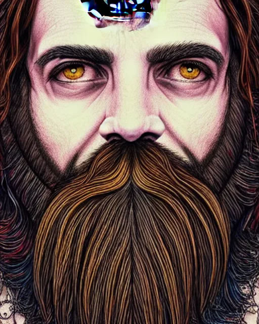 Prompt: detailed hipster skinny man with! vr headset!, long vibrant beard, dmt, by james gurney + intricate and vibrant work + portrait + trending on artstation + incredible gothic illustration + exquisite detail