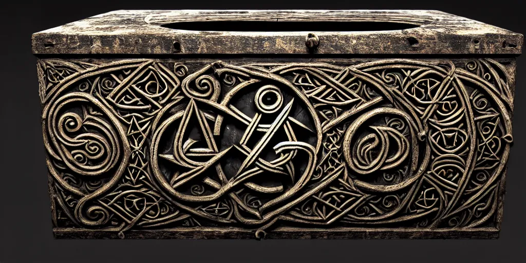 Prompt: an ancient ornate intricate old spell satanic coffin with the sigil symbol of evil emblazoned on the cover, in a unknown cave, cinematic, realistic, intricate detail, finely detailed, small details, extra detail, photorealistic, high resolution, 3 d, pbr, path tracing, volumetric lighting, octane render, arnold render, 8 k