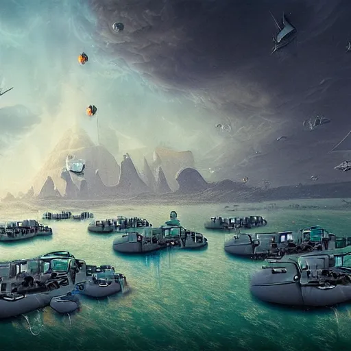 Image similar to a group of boats floating on top of a body of water, a detailed matte painting by yerkaland, cgsociety, metaphysical painting, matte painting, glitch art, dystopian art