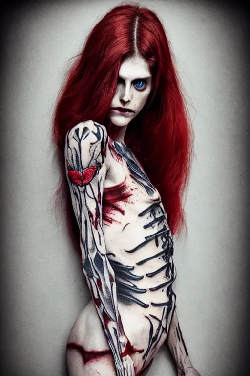 Image similar to skeleton black bones full body tattoo!!, covered with blood, alexandra daddario face!!, long red hair, beautiful blue eyes, ultra realistic, concept art, intricate details, highly detailed, photorealistic, octane render, 8 k, unreal engine. retro film still, heavy grain, 3 5 mm, art by artgerm and greg rutkowski and alphonse mucha