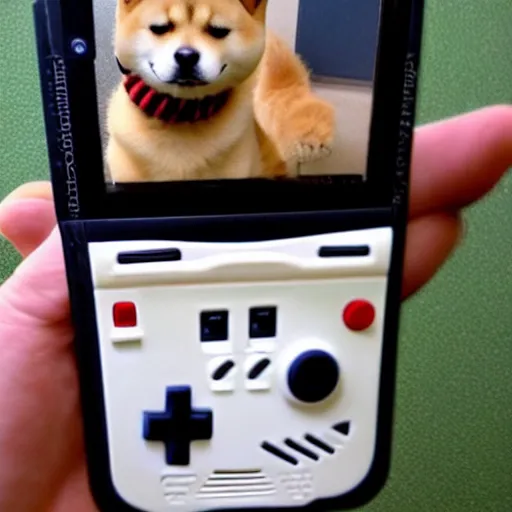 Image similar to a cat shiba inu playing a gameboy