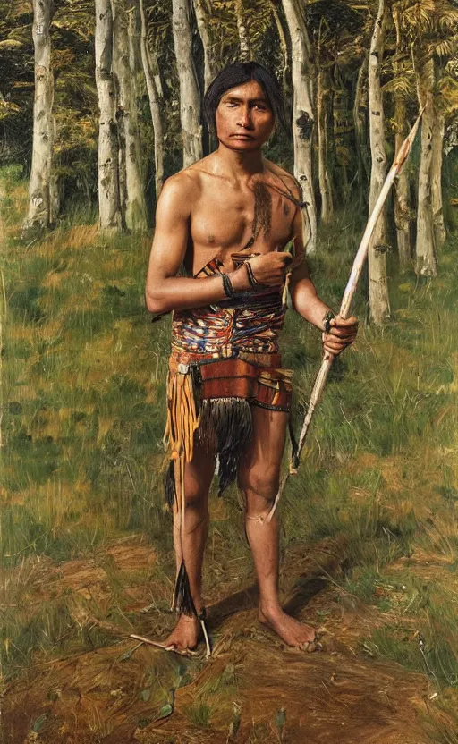 Image similar to full shot picture of indigenous people young man standing with a spear in the forest, painted by lucian freud, hd, super detailed, amazing, realistic lighting