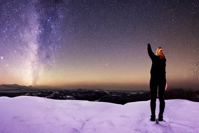 Image similar to a girl standing on a rock in snow and looking up at the milky way