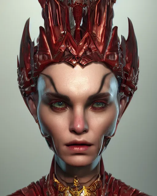 Prompt: headshot portrait of a demon queen inside her hellish throne room, detailed, realistic, studio lighting, unreal engine, cgsociety