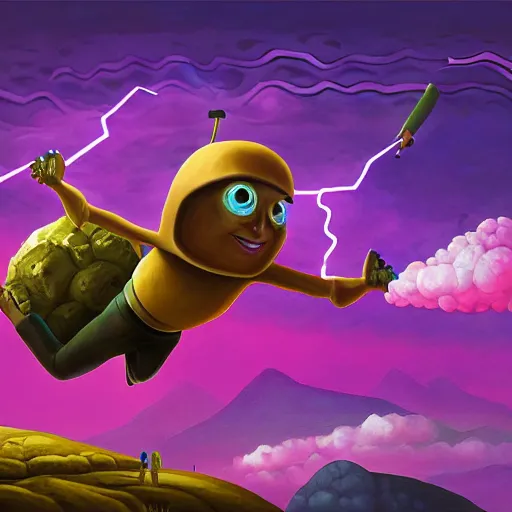 Image similar to A flying android smiling while holding a boulder, surrounded by clouds and purple lightning, digital art, Mexican folk art, Hyperdetailed, amazing background, matte painting, gouache, Martin Sandiego, Julia Fuentes, Miguel Sandiego