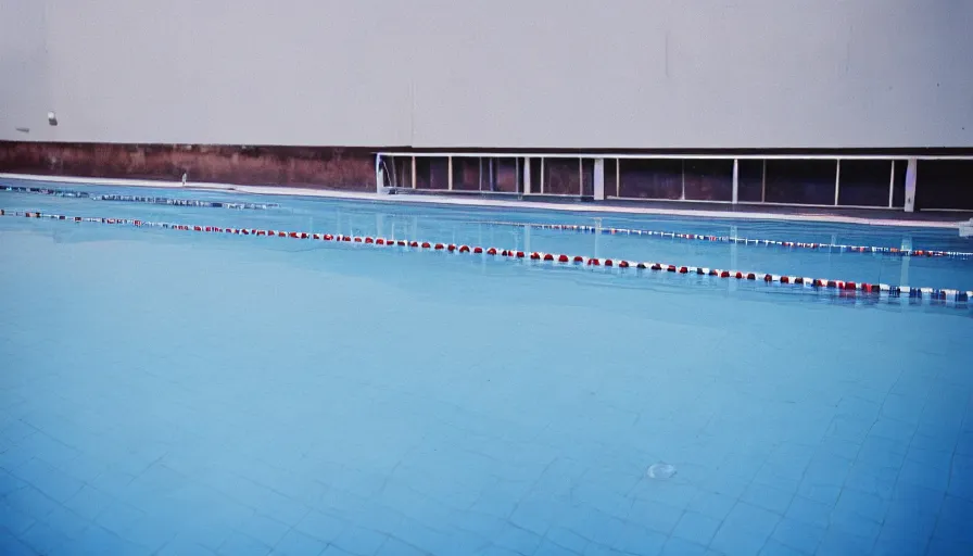 Image similar to 1 9 6 0 s movie still of empty blue tiles swimmingpool, cinestill 8 0 0 t 3 5 mm, high quality, heavy grain, high detail, panoramic, ultra wide lens, cinematic composition, dramatic light, flares, anamorphic