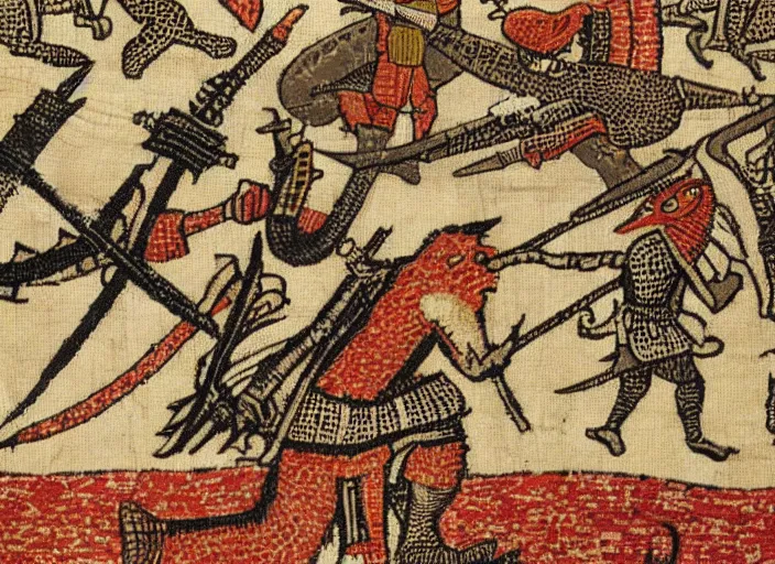 Prompt: Hunter with sword and shield fighting against a Rathalos in medieval tapestry, Monster Hunter, historic, bayeux tapestry