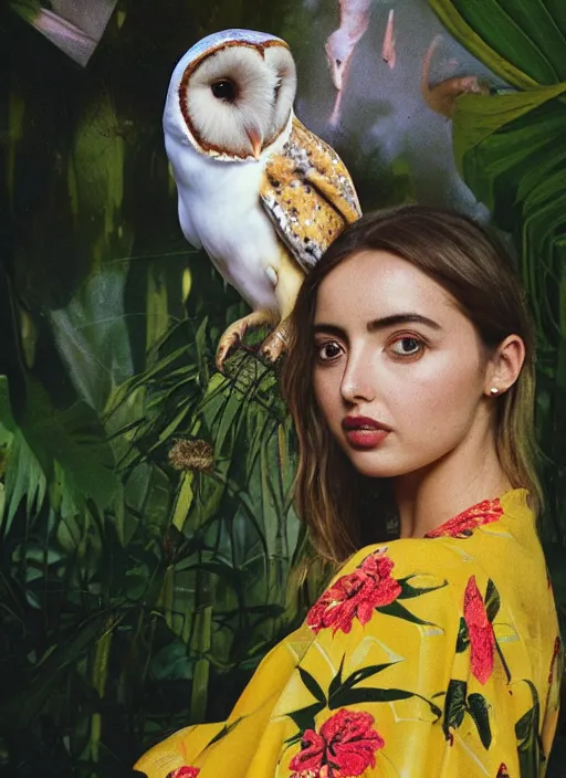 Prompt: grainy head to shoulder portrait Polaroid film photograph of Ana de Armas wearing a yellow kimono with a very detailed barn owl on her shoulder!!! in a tropical greenhouse. looking at the camera!!. super resolution. Extremely detailed. Polaroid 600 film. by Annie Leibovitz and Richard Avedon.