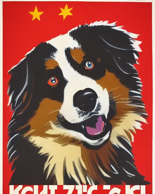 Image similar to soviet propaganda poster of an australian shepherd, soviet art