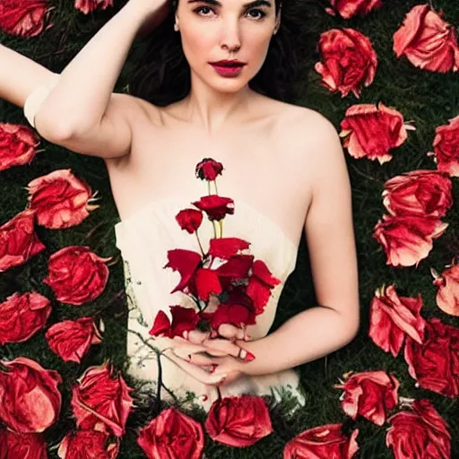 Prompt: full body fine art photo of the beauty gal gadot, she is merging from dried roses, taken by oleg oprisco