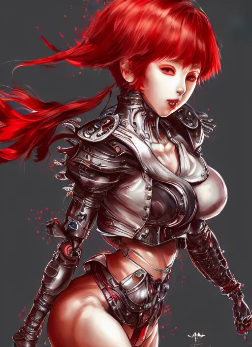 Prompt: fullbody!! yoshitaka amano and ayami kojima gorgeous girl symmetrical face, short red hair, crop top, shorts, dynamic action pose, hyper detailed, character concept, intricate, elegant, digital painting, artstation, smooth, sharp focus