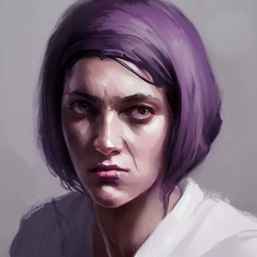 Image similar to portrait of a woman by greg rutkowski, she is about 3 0 years old, messy black bob hair, pale round face, tired eyes, she is wearing a purple nurse jumpsuit, highly detailed portrait, digital painting, artstation, concept art, smooth, sharp foccus ilustration, artstation hq