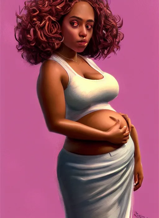 Image similar to full body portrait, teenage vanessa morgan, pink hair, brown skin, obese, curly pixie hair, sultry, realistic, short hair, hoop earrings, skirt, shirt, fat, belly, intricate, elegant, highly detailed, digital painting, artstation, concept art, smooth, sharp focus, illustration, art by wlop, mars ravelo and greg rutkowski