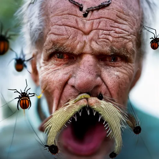 Prompt: National Geographic photo of angry old man with spiders in his mouth