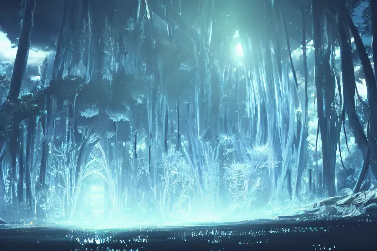 Image similar to scenery artwork, scene beautiful, light essence bioluminescent acrylic and cold nier automata pixiv scenery artwork : nature dream wire vegetation magic density infinite, macro seminal dream points of icy, frozen vaporwave shards tempted to turn into a dream scenery, high quality topical render, nier automata, concept art