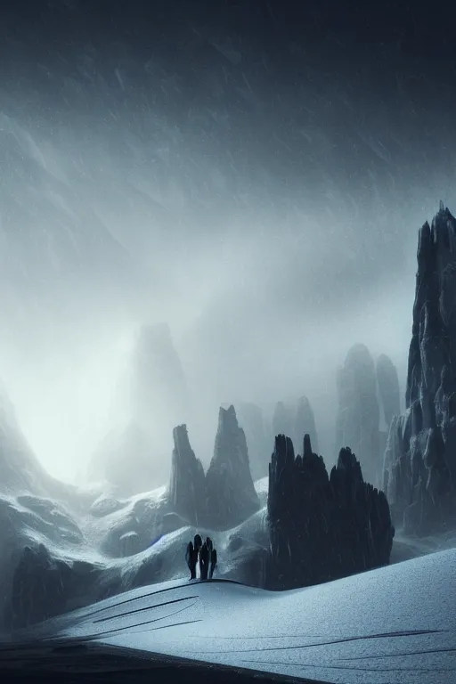 Image similar to futuristic atmosphere in the snowy mountains dolomites 3 d concept art, cinematic lighting, pastel sunset, rule of thirds, depth of field, intricate details, building by zaha hadid, stormy weather, emissary space by arthur haas and bruce pennington and john schoenherr, cinematic matte painting, dark moody monochrome colors, trending on artstation, featured on behance