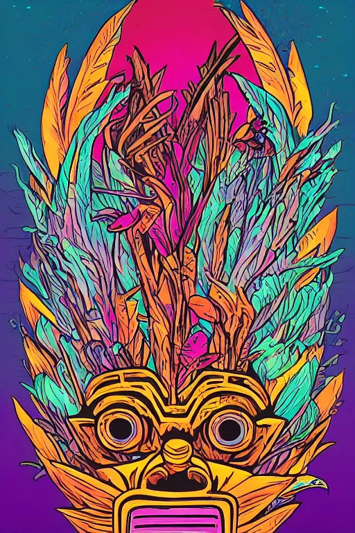 Image similar to animal mask totem roots flower tribal feather gemstone plant wood rock shaman vodoo video game vector cutout illustration vivid multicolor borderlands comics by josan gonzales and dan mumford radiating a glowing aura