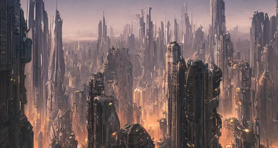 Prompt: futuristic sci - fi cityscape, skyscrapers, neon signs, dense urban sprawl, cool muted light, cool colors, robert mccall, greg rutkowski, h r giger