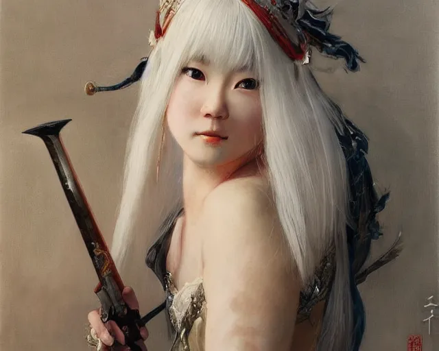 Image similar to a young japanese princess lady with white hair and bangs!!!!, posing with a sword, white hair highly detailed painting by gaston bussiere, craig mullins, j. c. leyendecker 8 k