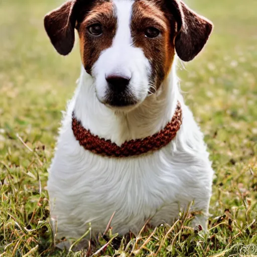 Image similar to photo realistic white and brown danish-Swedish farm dog wearing a knitted sweater, epic,