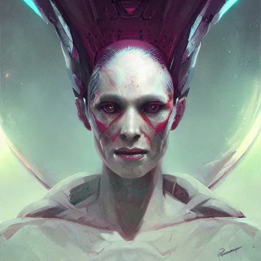 Prompt: portrait of an alien queen from 5th dimension, by Greg Rutkowski. Extremely detailed, digital art