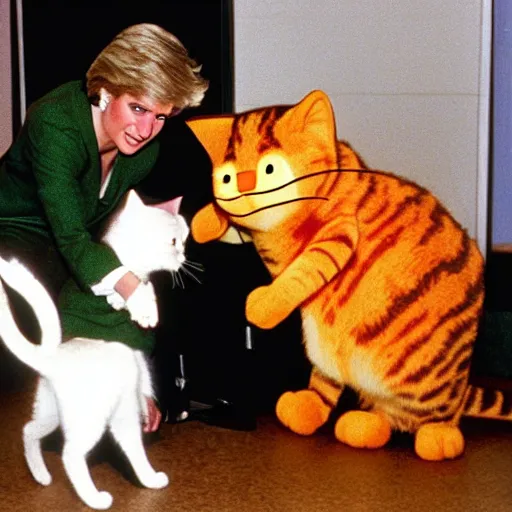 Prompt: a photo of Princess Diana meeting comic character Garfield the cat, 1990s, Jim Davis