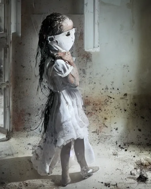 Image similar to an amazing award winning photo of a creepy little girl wearing a dirty white dress with long wet black hair covering her face standing in a filthy room in an abandoned old asylum, photo by mario testino, 8k octane render, cinematic, hyper detailed, micro details, insanely detailed, trending on artstation, concept art
