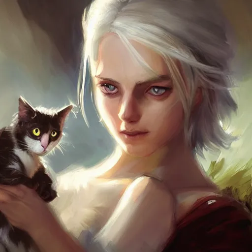 Image similar to Ciri holding a cat, beautiful lighting, expressive oil painting, trending on artstation, digital art, by Yoshitaka Amano