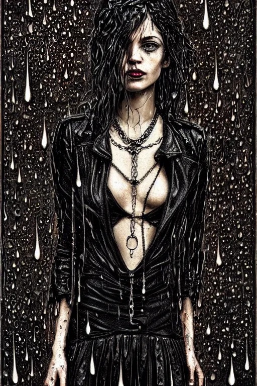 Prompt: dreamy gothic girl, black leather slim clothes, chains, strong rain night, beautiful body, detailed acrylic, grunge, intricate complexity, by dan mumford and by alberto giacometti, peter lindbergh