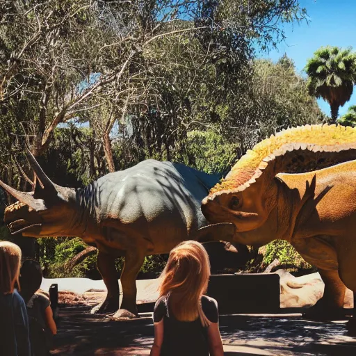 Image similar to photograph of a polaroid of a triceratops exhibit at san diego zoo, tourists in background, bokeh, high definition, slr, golden hour, realistic skin