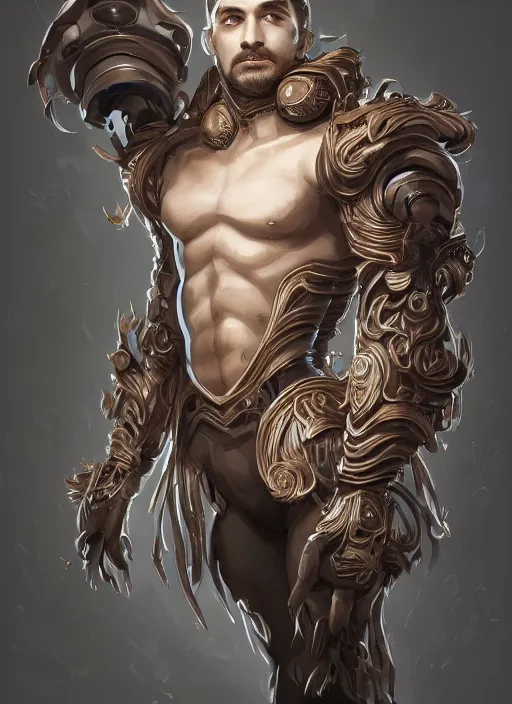 Image similar to a highly detailed illustration of thick wavy brown haired young white guy wearing brown coat and face mask, black mechanical arms rising from his back, dramatic standing pose, intricate, elegant, highly detailed, centered, digital painting, artstation, concept art, smooth, sharp focus, league of legends concept art, WLOP