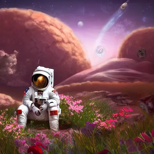 Image similar to an astronaut sitting on a rock on Mars surrounded by flowers, with the sky full of stars, digital art, trending on artstation, HDR