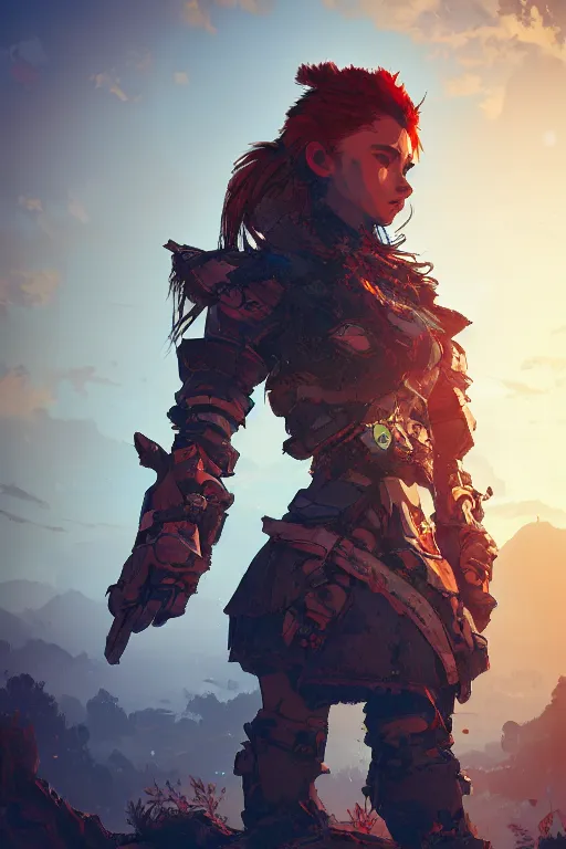 Image similar to combination suit armor aloy horizon forbidden west horizon zero dawn radiating a glowing aura global illumination ray tracing hdr fanart arstation by ian pesty and alena aenami artworks in 4 k tribal robot ninja mask helmet backpack