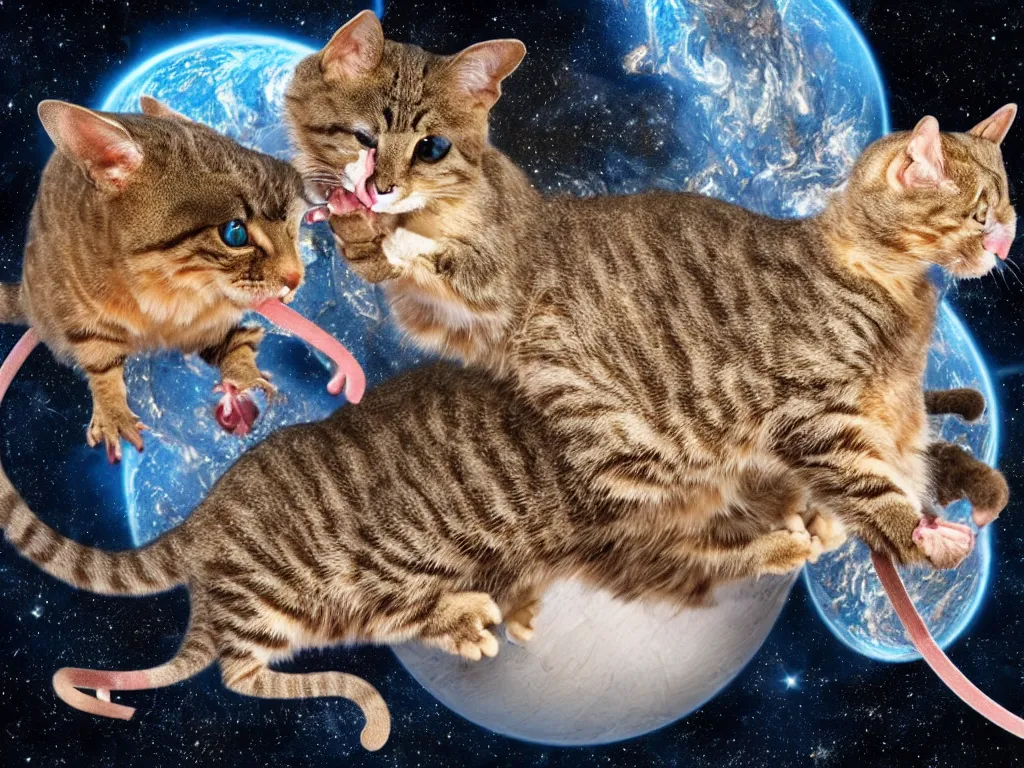 Prompt: a cat eating a mouse on top on a t-rex in space