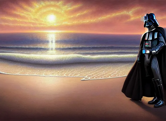 Prompt: portrait shot of a darth vader relaxing on a beach during sunset, intricate, elegant, highly detailed, centered, digital painting, artstation, concept art, smooth, sharp focus, illustration, artgerm, tomasz alen kopera, peter mohrbacher, donato giancola, joseph christian leyendecker, wlop, boris vallejo