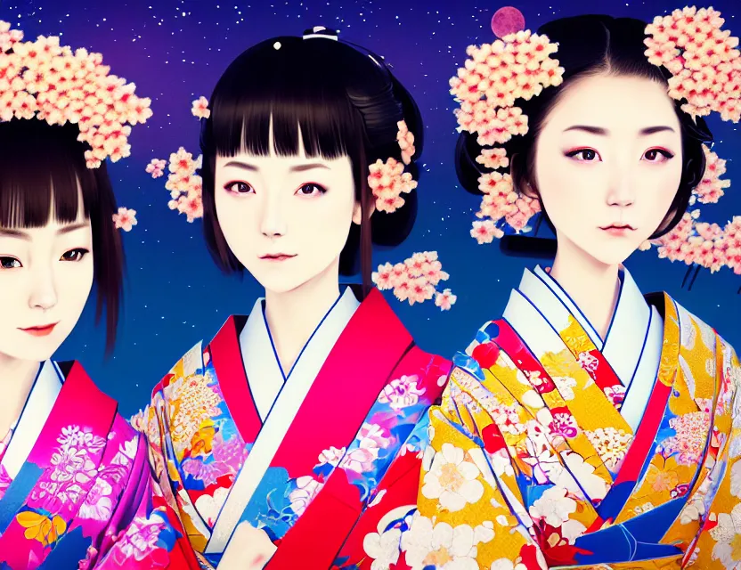 Image similar to two beautiful charming japan girls wear arty kimono in festival | | sunny night, full moon, dreamlike art, realistic shaded, smile, good looking, hyper details, 4 k realistic, cryengine, realistic shaded lighting poster by ilya kuvshinov, fuji choko, ross tran, 8 k resolution, trending on artstation, luxury