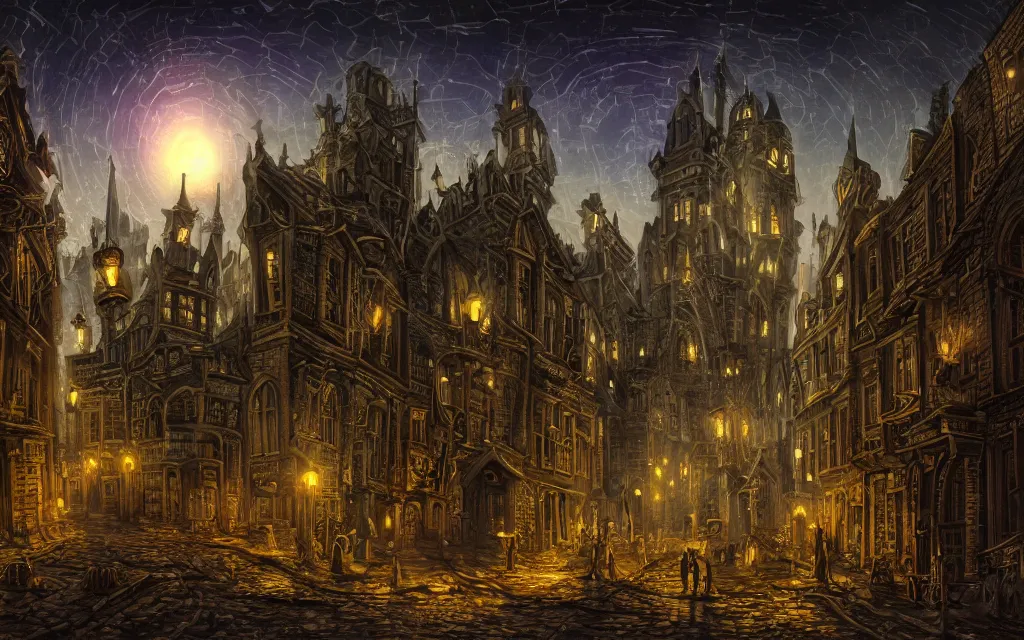 Prompt: An (18th century) (lovecraftian) gothic city at night with a star filled sky. (Greasy) luminescent cables are emerging from cracks on the ground. Highly detailed, digital art, vibrant colors, concept art, low angle shot, super wide shot, ((fish eye)), 4k.