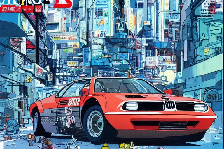 Image similar to 1969 Popular Science Magazine Cover BMW M1 Stratos, city in anime cyberpunk style by Hayao Miyazaki