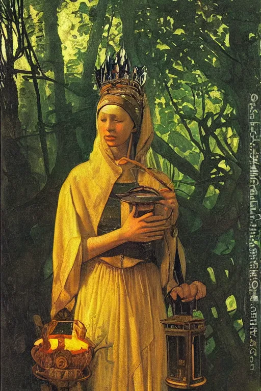Prompt: queen of the forest with her lantern by Annie Swynnerton and Nicholas Roerich and Vermeer, strong dramatic cinematic lighting , ornate headdress , lost civilizations, smooth, sharp focus, extremely detailed