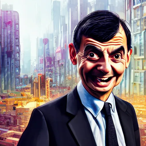 Prompt: mr bean, head and shoulder shot, cyberpunk city, city background, 4k, beautiful face, smiling, hyperdetailed, trending on artstation, digital art