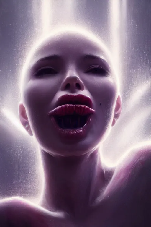 Image similar to attractive female i robot sticking the tongue out sensually, seven deadly sins theme, close - up portrait, intricate, elegant, volumetric lighting, scenery, digital painting, highly detailed, artstation, sharp focus, illustration, concept art, luis rollo, ruan jia, steve mccurry, john berkey