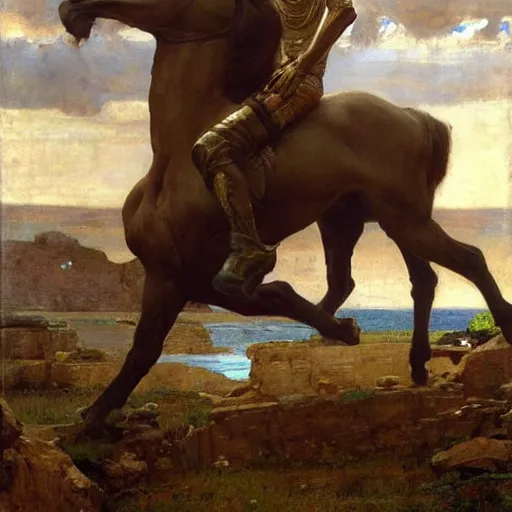 Image similar to Wikus, Centaur of the high glade. Half man half horse. Wearing Grecian armor. Orientalist portrait by john william waterhouse and Edwin Longsden Long and Theodore Ralli and Nasreddine Dinet, oil on canvas. Cinematic, hyper realism, realistic proportions, dramatic lighting, high detail 4k