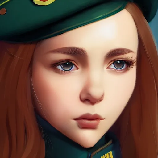 Prompt: portrait bust of young woman with long light brown hair and hazel eyes dressed in a sharp dark teal military uniform with beret, smiling, bokeh background, ilya kuvshinov, anime, ross tran, artgerm, concept art, artstation trending